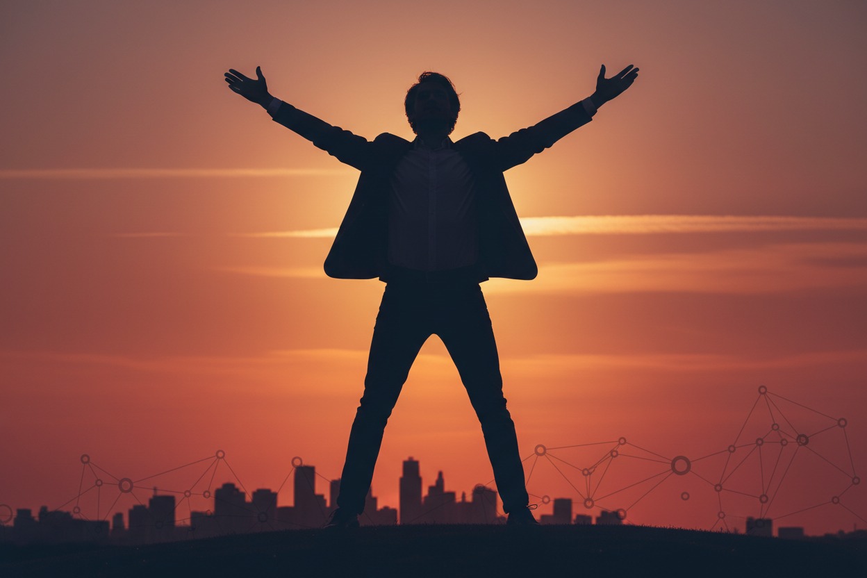 A silhouette of a businessman with arms outstretched stands against a sunset sky above a city skyline.